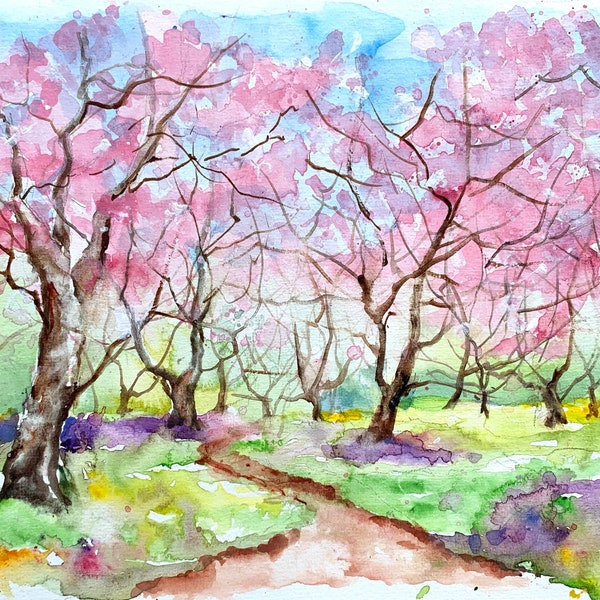 Peinture paysage nature au printemps, décoration murale d'art, arbres en fleurs et campagne verdoyante, cadeau sur le thème du printemps