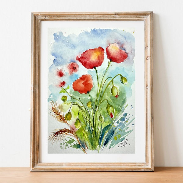 Aquarelle originale de coquelicots rouges dans les champs, peinture de pavots rouges éclatants pour une déco murale, cadeau fête des mères