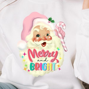 Pink santa Png sublimation for shirt, Merry and bright Christmas digital download, dtf transfer.