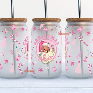 Pink Christmas santa Png Sublimation for Libbey Glass Can 16 oz.