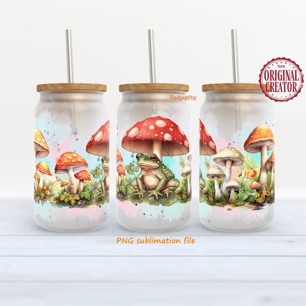 Mushroom Frog Libbey 16 oz coffee can glass wrap, PNG watercolor Sublimation download, frosted glass cup wrap, Gift for her, Mom Gifts Ideas