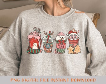 Christmas coffee PNG, Christmas Sublimation Designs, Christmas cup drinks hand drawn retro style. Coffee Sublimation Png. Winter vibes png.