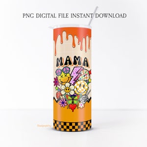 Retro mama 20oz Skinny Tumbler Sublimation Design, Melting smiley face, Mama Tumbler wrap, Retro sublimation, mom life png, trendy retro png