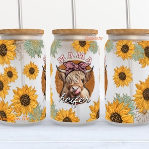 Sunflower Frosted glass sublimation, Mama Highland Cow libbey wrap, 16 oz glass can wrap, Glass can png, Glass sublimation tumbler design,