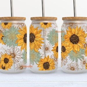 Libbey coffee Can, 16 oz Libbey can sublimation, Sunflower, 16 oz Libbey Full Tumbler wrap, Hand drawn floral, Design Digital Download PNG.