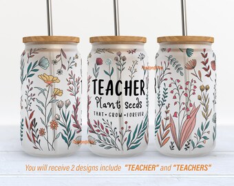 May include: Three stainless steel tumblers with a floral pattern and wooden lids. The middle tumbler has the text "TEACHER Plant seeds THAT GROW FOREVER".