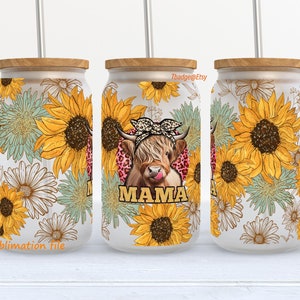 Mama Highland Cow libbey wrap, 16 oz glass can wrap, Frosted glass sublimation designs, Glass can png, Glass sublimation tumbler design,