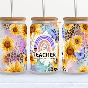 Teacher libbey can PNG, sunflower 16 oz Libbey Glass Can Tumbler Sublimation. teacher 16oz libbey, teacher quotes png, Digital Download.