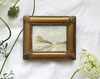 Small Original Landscape Art  - Floral Landscape Painting - Vintage Framed Art