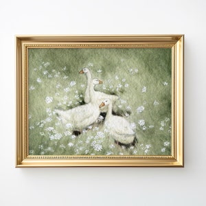 Animal Print Goose Duck Wall Art Cottage core decor Vintage Painting nursery Print Greenery