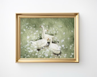 Animal Print Goose Duck Wall Art Cottage core decor Vintage Painting nursery Print Greenery