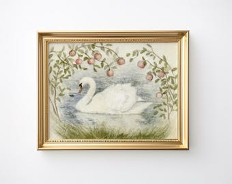 Animal Print Swan Wall Art Cottage core decor Vintage Painting nursery Print Greenery