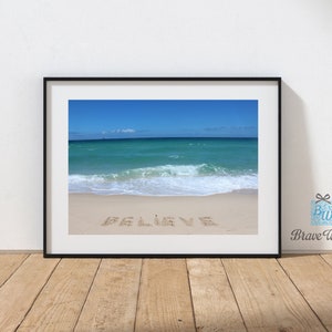 Geloof fotoafdruk, schrijven op zand, stranddecor, geloof cadeau, geloof woord handgeschreven op strandzand, motiverend, geloof kunst aan de muur