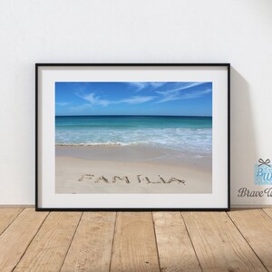 Familiefotoafdruk, familiale strandafdruk, familiestrandafdruk, stranddecor, familia-woord handgeschreven op strandzand, strandcadeaus