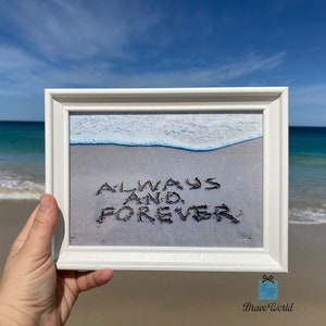 Altijd en altijd fotoprint, strandthema, strandfotografie, strandzand schrijven, liefdescitaten, strandcadeaus, strandkunst aan de muur