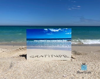 Gratitude Beach Photo Print on Wood Block, Gratitude Gift, Sand Writing, Inspirational Print, Grateful, Beach Theme Gift, Beach Decor