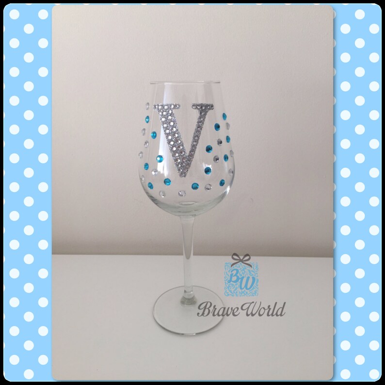 Personalised Hand Decorated Wine Glass Blue Rhinestones And Etsy