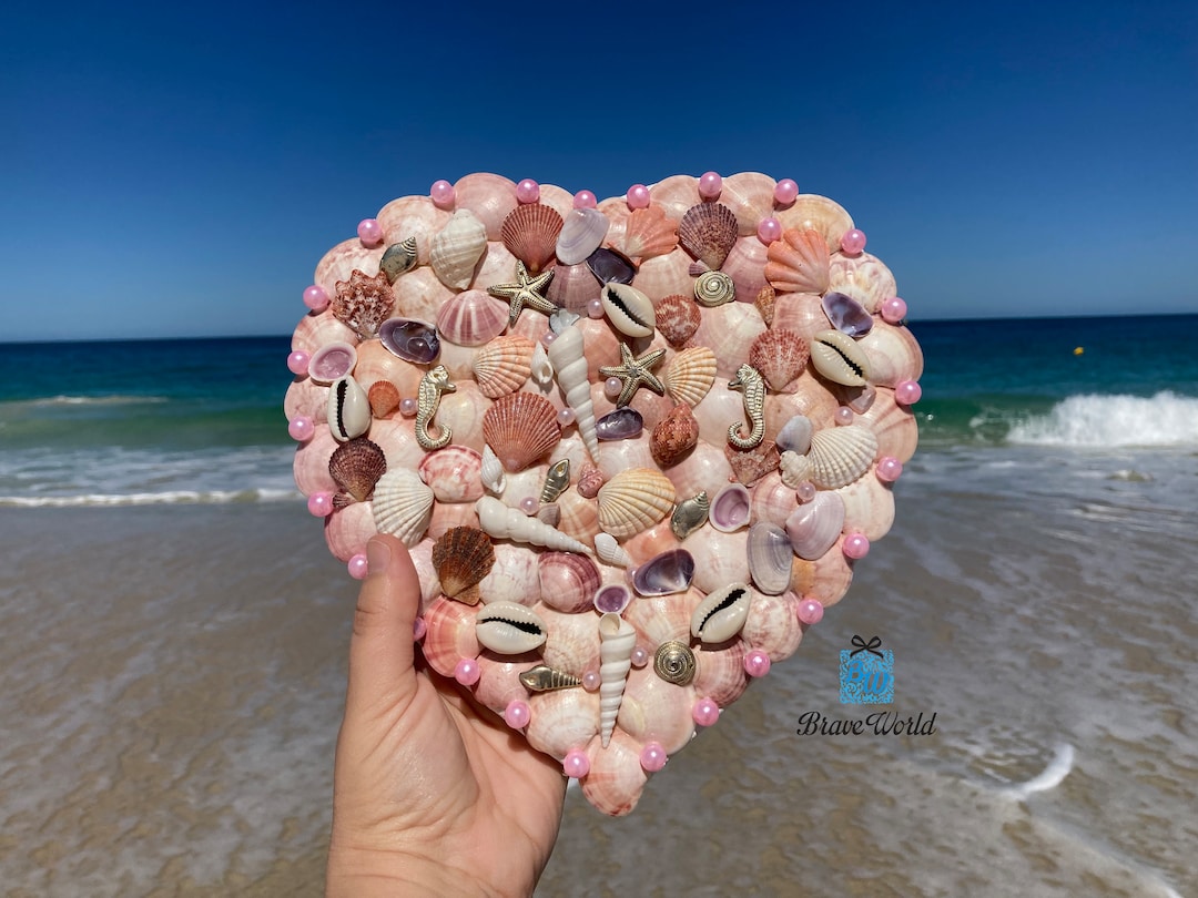 Love Heart Shape Canvas Hand Decorated With Seashells, Beach Theme