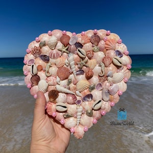 Love Heart Shape Canvas Hand Decorated with Seashells, Beach Theme Gift, Seashell Decor, Beach Decor, Pink Shells, Charms, Pearls, Beads