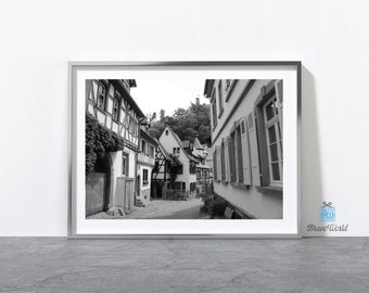 Impresión fotográfica en blanco y negro de Weinheim, Alemania, arquitectura alemana, decoración en blanco y negro, imágenes callejeras, abstracto, bellas artes, medieval