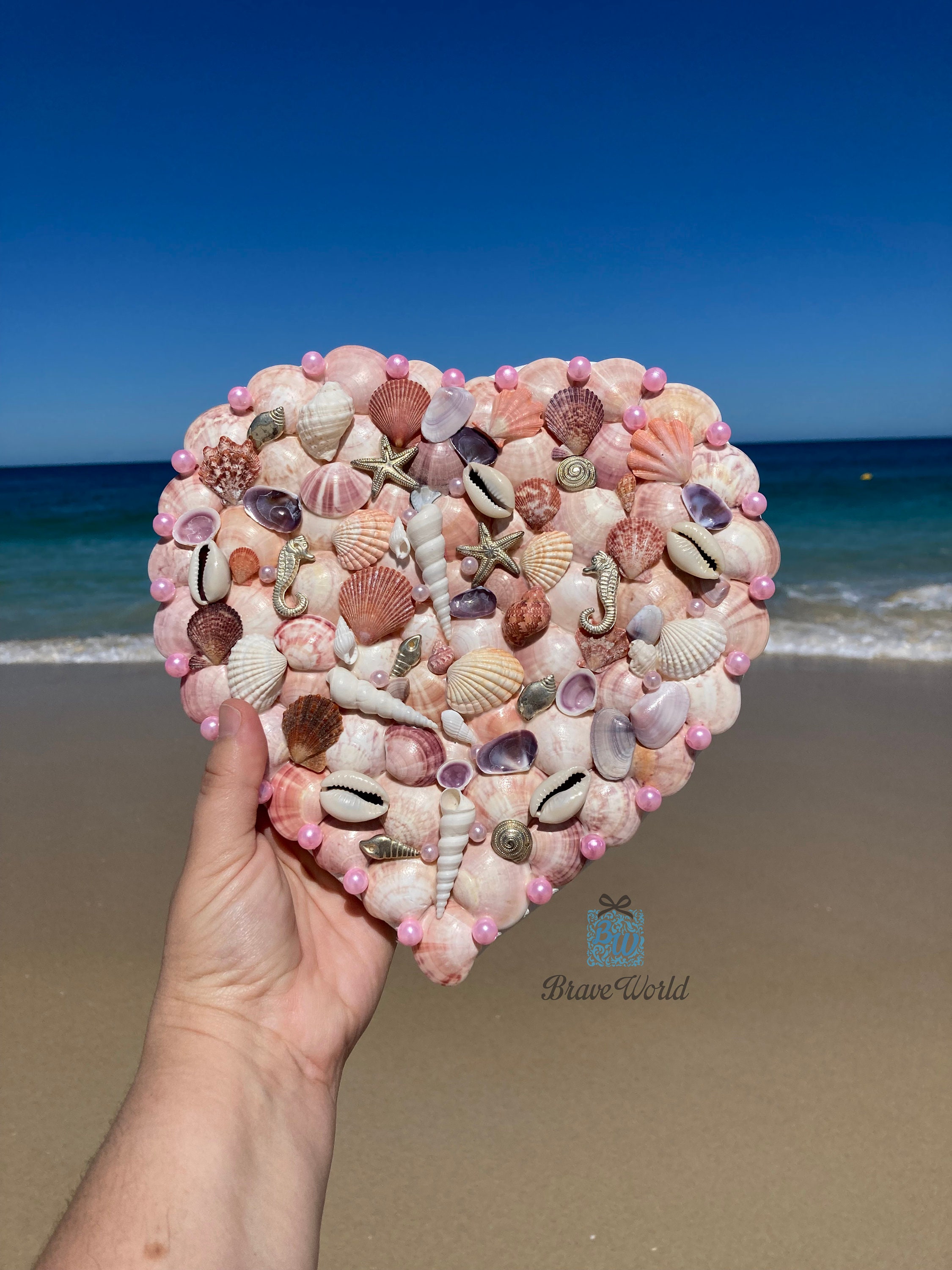 Love Heart Shape Canvas Hand Decorated With Seashells, Beach Theme
