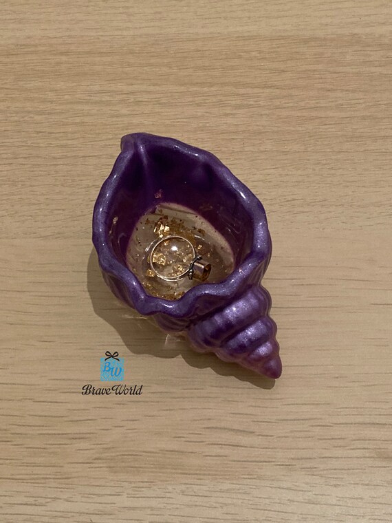 Purple and Gold Conch Shell Resin Trinket Dish, Beach Themed Gifts