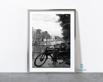 Black and White Bicycle Amsterdam Netherlands Photograph Print, Black and White Amsterdam Bike Print, Bicycle Poster, Bike on the Canal