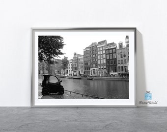 Black and White Amsterdam Netherlands Photograph Print, Amsterdam Photography, Black and White Print, Canal Houses, Small Cars, Rainy Day