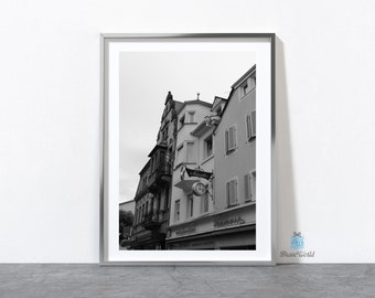 Impresión fotográfica en blanco y negro de Weinheim, Alemania, arquitectura alemana, abstracto, plaza del mercado, blanco y negro, edificios antiguos