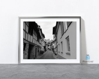 Black and White Old Timber Houses Weinheim Germany Photograph Print, German Architecture, Street Houses, Black and White Photography Print