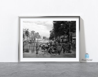 Black and White Amsterdam Bicycle Netherlands Photograph Print, Black and White Bike Print, Black and White Bicycle Print, Bikes on Canal
