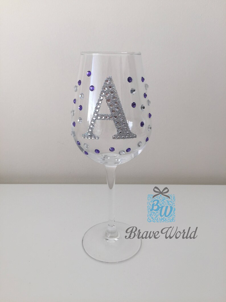 Personalised Hand Decorated Wine Glass With Purple Rhinestones Etsy