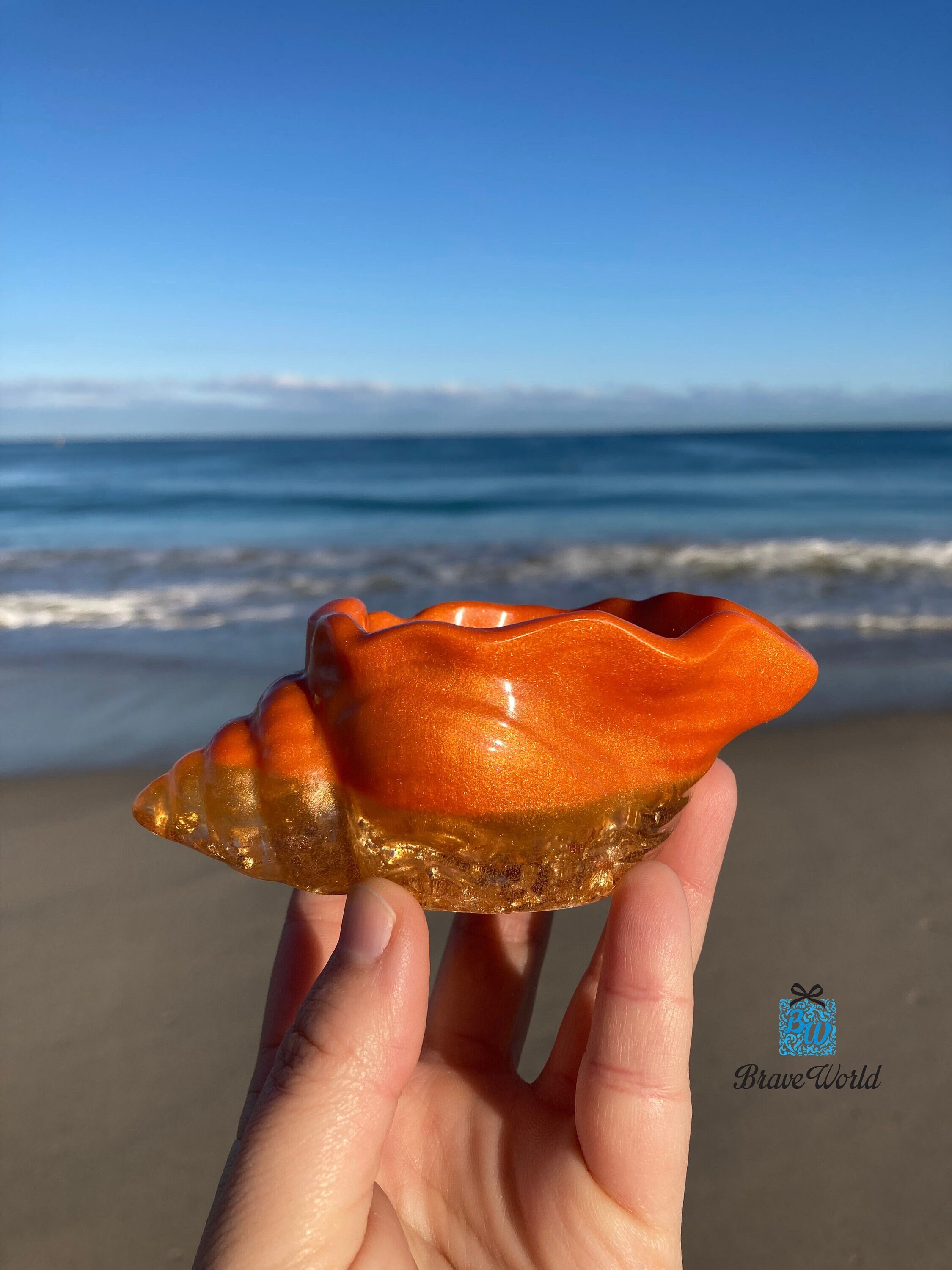 Orange and Gold Conch Shell Resin Trinket Dish, Beach Themed Gifts ...