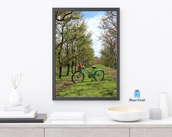 Stampa fotografica di bicicletta verde, fiori di frutteto in fiore, verde menta, giardino delle fate, bicicletta verde, bicicletta vintage verde, decorazione murale di biciclette