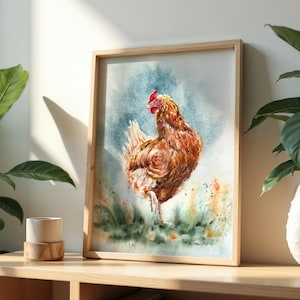 Hen Watercolor Art Print, Farm Artwork, Fowl Painting, Farmhouse Office Decor, Kitchen wall decoration