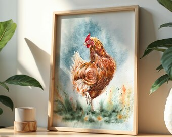 Peut inclure: Peinture à l'aquarelle d'une poule brune debout dans un champ d'herbe verte avec un ciel bleu en arrière-plan.