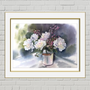 Pfingstrose Aquarellmalerei Original Aquarell Weiße Blumen Wandkunst Pfingstrosen Blumenstrauß Blumenvase Kunst Geschenk