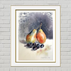 Dipinto ad acquerello originale Dipinto di pere e mirtilli Arte murale di frutta Opera d'arte originale di natura morta