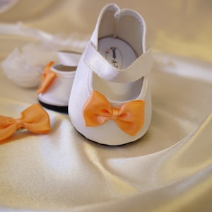 size 1 WHITE SATIN Mary-Jane style, orange bow DOLL Shoes & Matching hair clip 9cm long for large Cloth, Artist, Rag Dolls, Waldorf inspired