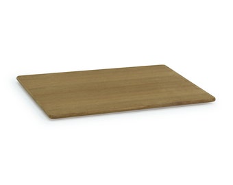 May include: A rectangular wooden cutting board with a light brown color and a smooth surface.