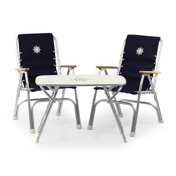 FORMA MARINE Opvouwbare aluminium bootstoel met hoge rugleuning Teak armleuningen set van 2 M150 + opvouwbare boottafel van aluminium en melamine 50,5x89x61cm-B150250