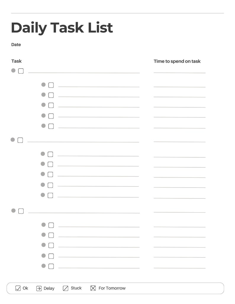 Task Sections Single Sheet Daily Task List - Printable - Etsy
