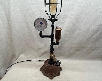 Steam punk gauge lamp, pressure vessel and on/off valve.