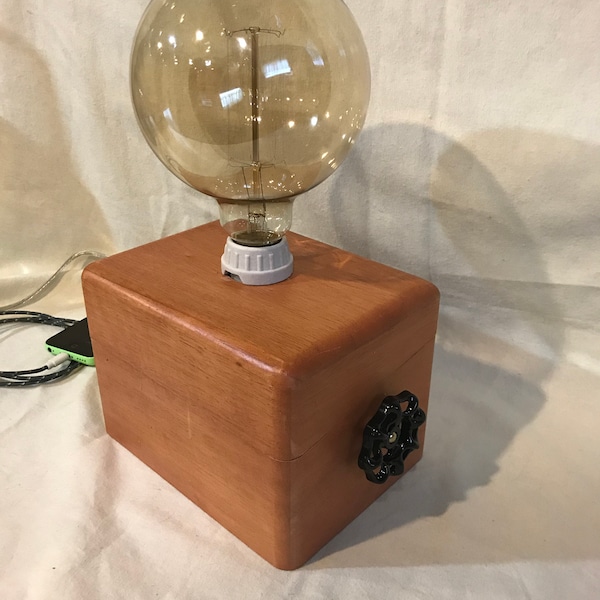 Upcycled recipe box, USB phone charger lamp