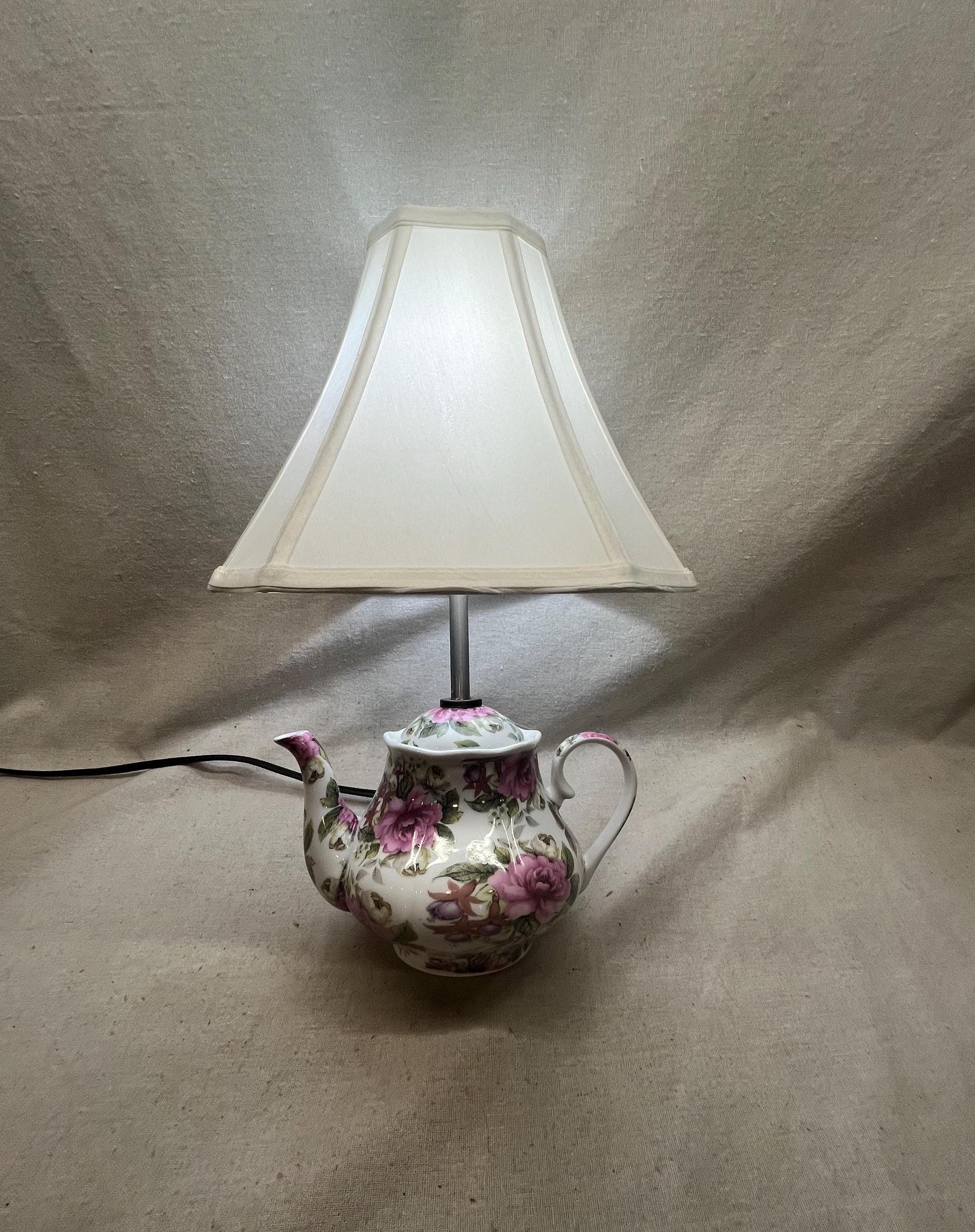 upcycled Teapot lamp pink rose chintz design