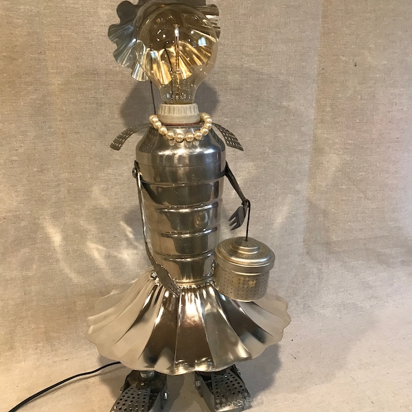 Found object robot " Southern Lady w Bonnet" metal sculpture lamp