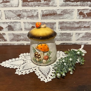 Vintage Sears & Roebuck Merry Mushroom 7" Hand Painted Ceramic Small Canister w/ Lid | Made in Japan | 1970s MCM Fungi Jar | Kitchen Decor