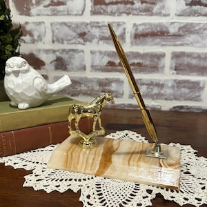 Vintage Marble Stone Pen Holder w/ Brass Horse Trophy | Gold Tone Executive Office Desktop Decor | Equestrian Racehorse Figurine Pen Holder