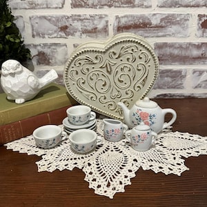 11-Piece Porcelain Miniature Childrens Play Tea Set w/ Pink Floral Design Pattern & Heart Shaped Keepsake Metal Box | Collectible Kids Toys