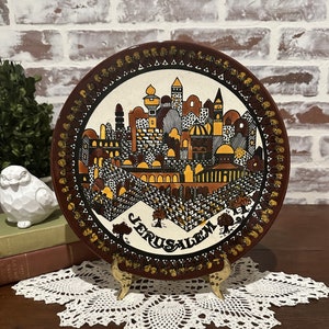 Vintage Hand Painted Jerusalem City Scene Jewish Wall Hanging Ceramic Plate | Israel Holy Land Hebrew | Decorative Plate | Religious Prayer